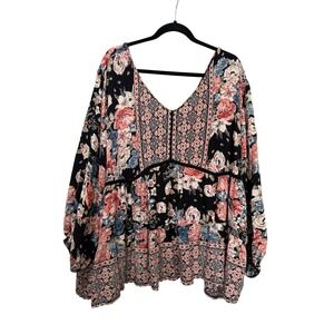 Sky and Sand Floral Babydoll Top Black Pink Blue V-Neck Boho Balloon Sleeve XL